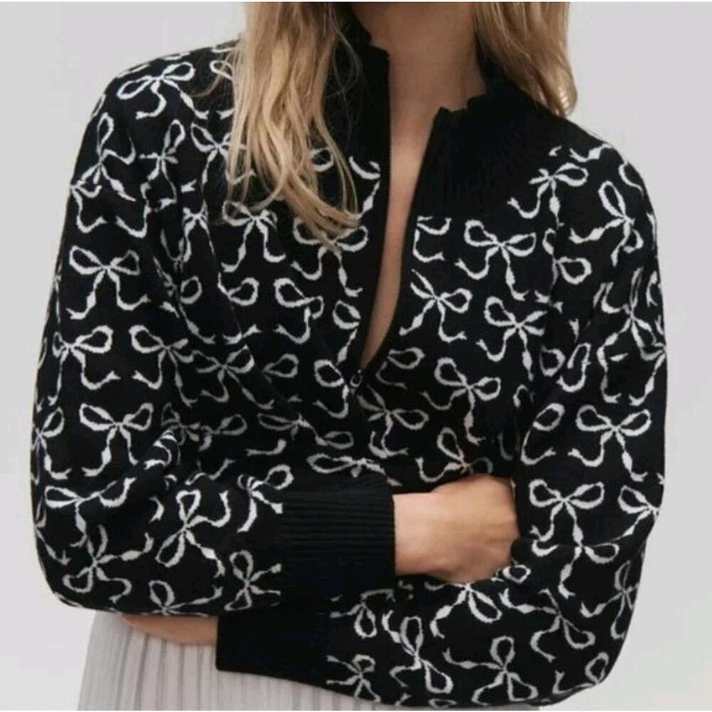 Anthropologie MAEVE Montana Bow Print Sweater Knit Mock Neck Half Zip Large